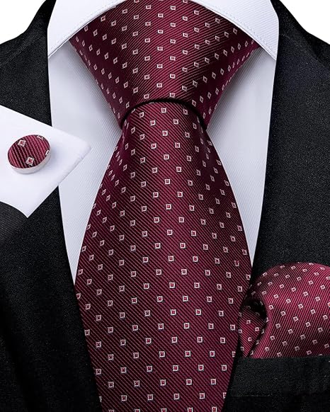 2PCS Set for Father and Son Tie Silk Mens and Boys Adjustable Necktie & Pocket Square Cufflinks Kids Pre-tied Necktie（Burgundy Dots）