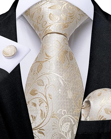 2PCS Set for Father and Son Tie Silk Mens and Boys Adjustable Necktie & Pocket Square Cufflinks Kids Pre-tied Necktie（Champagne Floral）