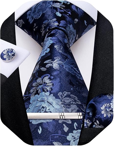 Silk Floral Ties for Men Woven Paisley Necktie and Tie Clip Handkerchief Cufflinks Set for Party Wedding（Navy Blue）