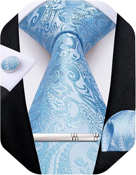 Silk Floral Ties for Men Woven Paisley Necktie and Tie Clip Handkerchief Cufflinks Set for Party Wedding（Light Blue Paisley）