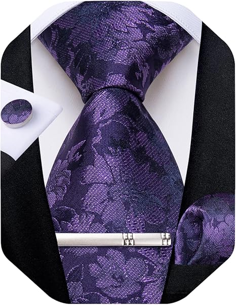 Silk Floral Ties for Men Woven Paisley Necktie and Tie Clip Handkerchief Cufflinks Set for Party Wedding（Purple）