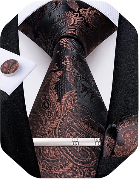 Silk Floral Ties for Men Woven Paisley Necktie and Tie Clip Handkerchief Cufflinks Set for Party Wedding（Brown Paisley）