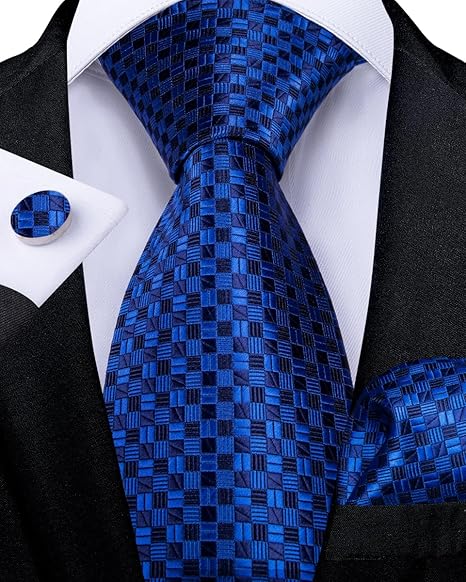 2PCS Set for Father and Son Tie Silk Mens and Boys Adjustable Necktie & Pocket Square Cufflinks Kids Pre-tied Necktie（Blue Plaid）