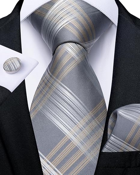 2PCS Set for Father and Son Tie Silk Mens and Boys Adjustable Necktie & Pocket Square Cufflinks Kids Pre-tied Necktie（Grey Plaid）