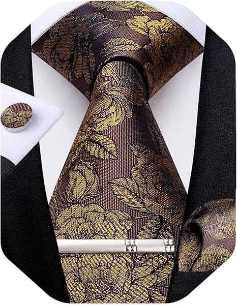 Silk Floral Ties for Men Woven Paisley Necktie and Tie Clip Handkerchief Cufflinks Set for Party Wedding（Brown and Yellow）