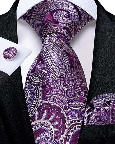2PCS Set for Father and Son Tie Silk Mens and Boys Adjustable Necktie & Pocket Square Cufflinks Kids Pre-tied Necktie（Dark Purple Paisley）
