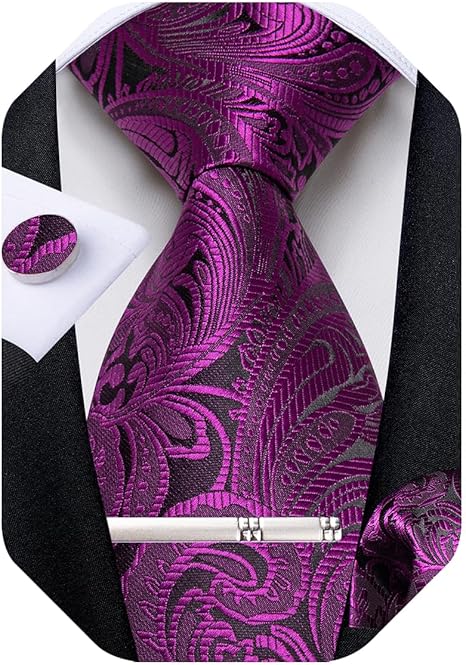 Silk Floral Ties for Men Woven Paisley Necktie and Tie Clip Handkerchief Cufflinks Set for Party Wedding（Magenta）