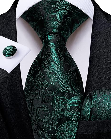 2PCS Set for Father and Son Tie Silk Mens and Boys Adjustable Necktie & Pocket Square Cufflinks Kids Pre-tied Necktie（Emerald Green Paisley）