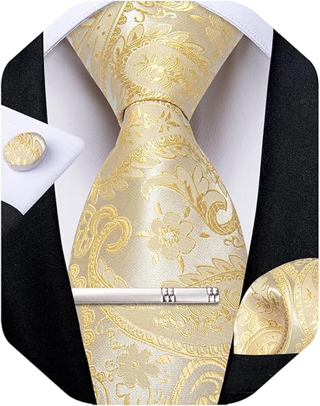 Silk Floral Ties for Men Woven Paisley Necktie and Tie Clip Handkerchief Cufflinks Set for Party Wedding（ Light Yellow Paisley）