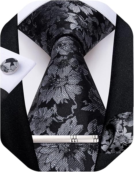 Silk Floral Ties for Men Woven Paisley Necktie and Tie Clip Handkerchief Cufflinks Set for Party Wedding（Black and Grey）