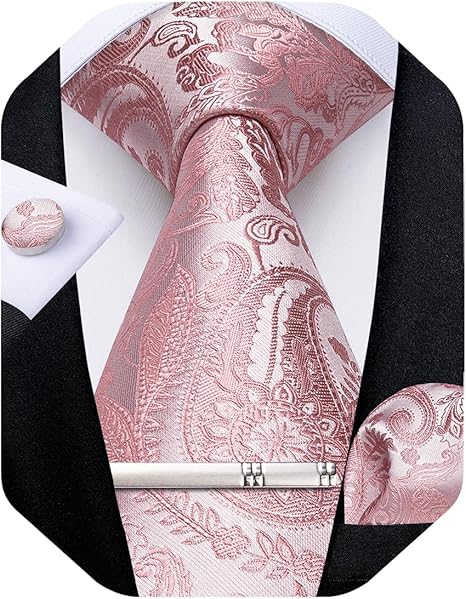 Silk Floral Ties for Men Woven Paisley Necktie and Tie Clip Handkerchief Cufflinks Set for Party Wedding（Blush Pink Paisley）
