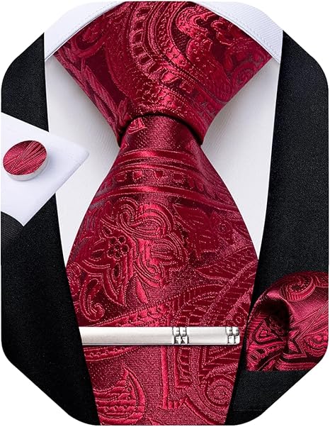 Silk Floral Ties for Men Woven Paisley Necktie and Tie Clip Handkerchief Cufflinks Set for Party Wedding（Burgundy）