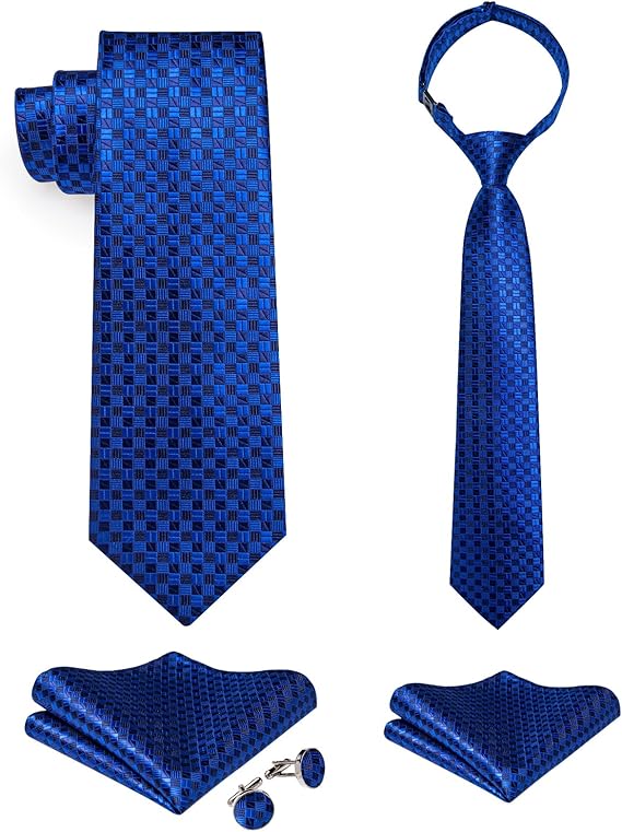 2PCS Set for Father and Son Tie Silk Mens and Boys Adjustable Necktie & Pocket Square Cufflinks Kids Pre-tied Necktie（Blue Plaid）