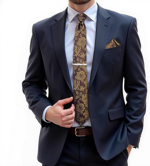 Silk Floral Ties for Men Woven Paisley Necktie and Tie Clip Handkerchief Cufflinks Set for Party Wedding（Brown and Yellow）