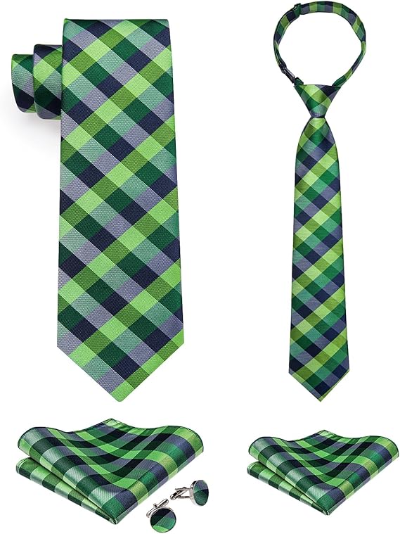 2PCS Set for Father and Son Tie Silk Mens and Boys Adjustable Necktie & Pocket Square Cufflinks Kids Pre-tied Necktie（Green and Blue Plaid）