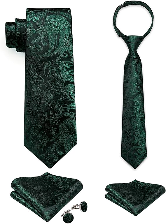 2PCS Set for Father and Son Tie Silk Mens and Boys Adjustable Necktie & Pocket Square Cufflinks Kids Pre-tied Necktie（Emerald Green Paisley）