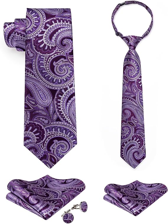 2PCS Set for Father and Son Tie Silk Mens and Boys Adjustable Necktie & Pocket Square Cufflinks Kids Pre-tied Necktie（Dark Purple Paisley）