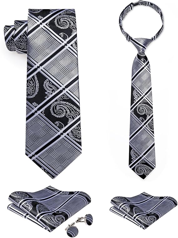 2PCS Set for Father and Son Tie Silk Mens and Boys Adjustable Necktie & Pocket Square Cufflinks Kids Pre-tied Necktie（Black and White）