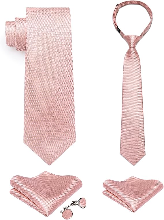 2PCS Set for Father and Son Tie Silk Mens and Boys Adjustable Necktie & Pocket Square Cufflinks Kids Pre-tied Necktie（Blush Pink）
