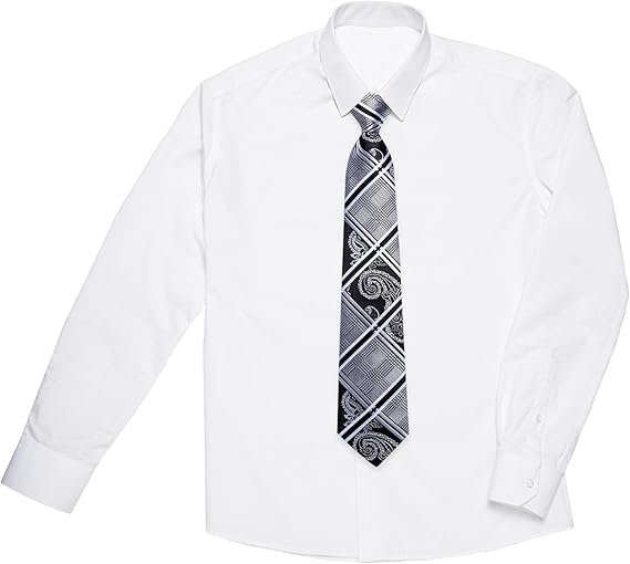 2PCS Set for Father and Son Tie Silk Mens and Boys Adjustable Necktie & Pocket Square Cufflinks Kids Pre-tied Necktie（Black and White）