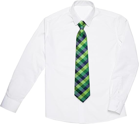 2PCS Set for Father and Son Tie Silk Mens and Boys Adjustable Necktie & Pocket Square Cufflinks Kids Pre-tied Necktie（Green and Blue Plaid）