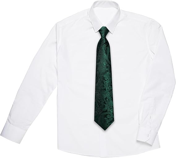 2PCS Set for Father and Son Tie Silk Mens and Boys Adjustable Necktie & Pocket Square Cufflinks Kids Pre-tied Necktie（Emerald Green Paisley）