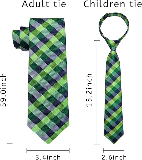 2PCS Set for Father and Son Tie Silk Mens and Boys Adjustable Necktie & Pocket Square Cufflinks Kids Pre-tied Necktie（Green and Blue Plaid）