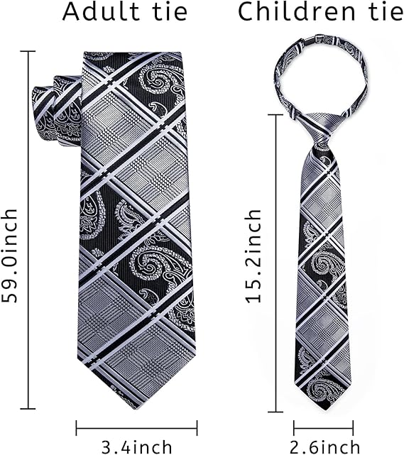 2PCS Set for Father and Son Tie Silk Mens and Boys Adjustable Necktie & Pocket Square Cufflinks Kids Pre-tied Necktie（Black and White）