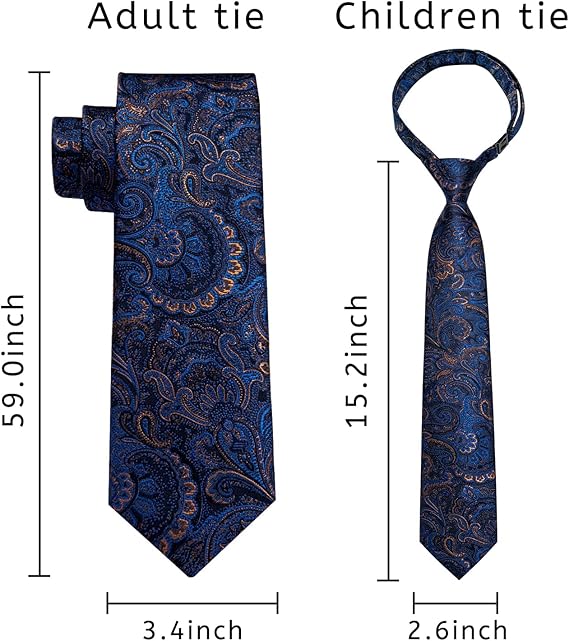 2PCS Set for Father and Son Tie Silk Mens and Boys Adjustable Necktie & Pocket Square Cufflinks Kids Pre-tied Necktie（Blue Paisley）