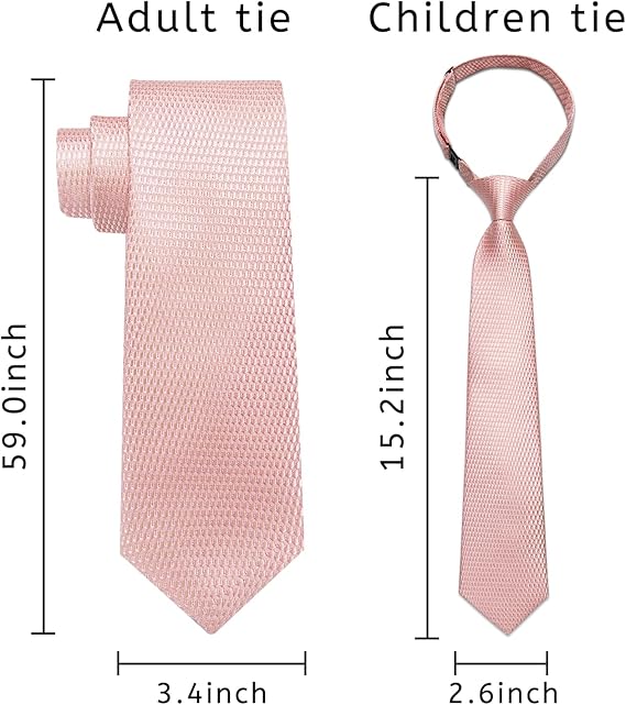 2PCS Set for Father and Son Tie Silk Mens and Boys Adjustable Necktie & Pocket Square Cufflinks Kids Pre-tied Necktie（Blush Pink）