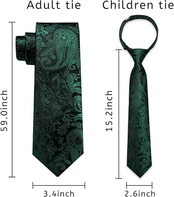 2PCS Set for Father and Son Tie Silk Mens and Boys Adjustable Necktie & Pocket Square Cufflinks Kids Pre-tied Necktie（Emerald Green Paisley）