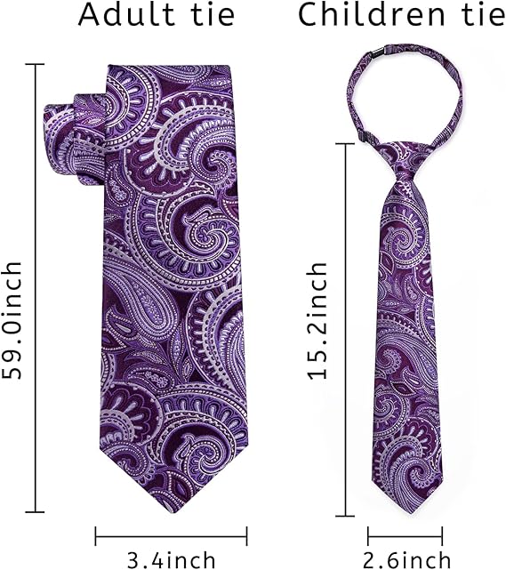 2PCS Set for Father and Son Tie Silk Mens and Boys Adjustable Necktie & Pocket Square Cufflinks Kids Pre-tied Necktie（Dark Purple Paisley）