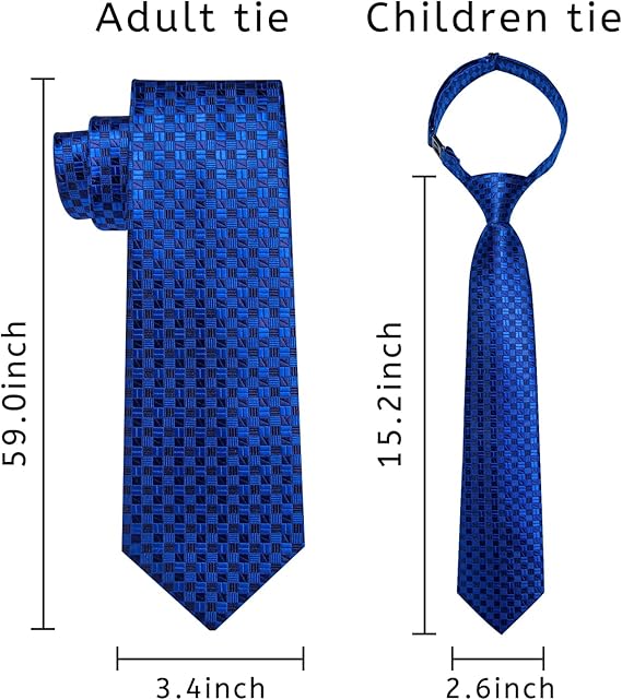 2PCS Set for Father and Son Tie Silk Mens and Boys Adjustable Necktie & Pocket Square Cufflinks Kids Pre-tied Necktie（Blue Plaid）