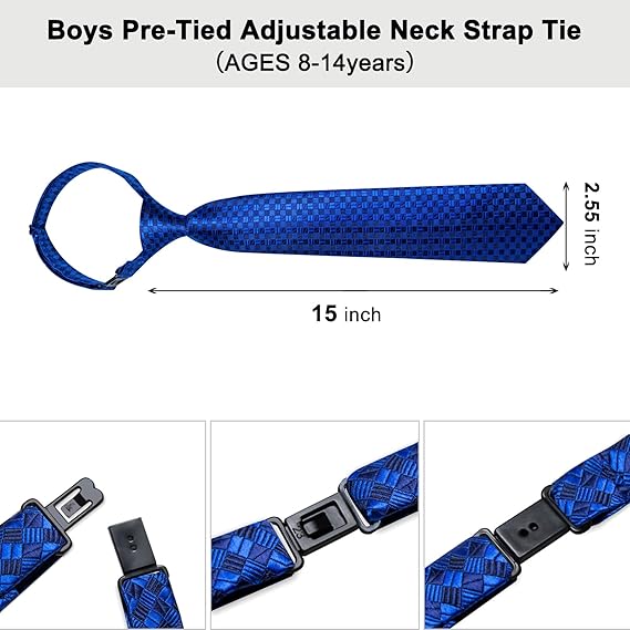 2PCS Set for Father and Son Tie Silk Mens and Boys Adjustable Necktie & Pocket Square Cufflinks Kids Pre-tied Necktie（Blue Plaid）