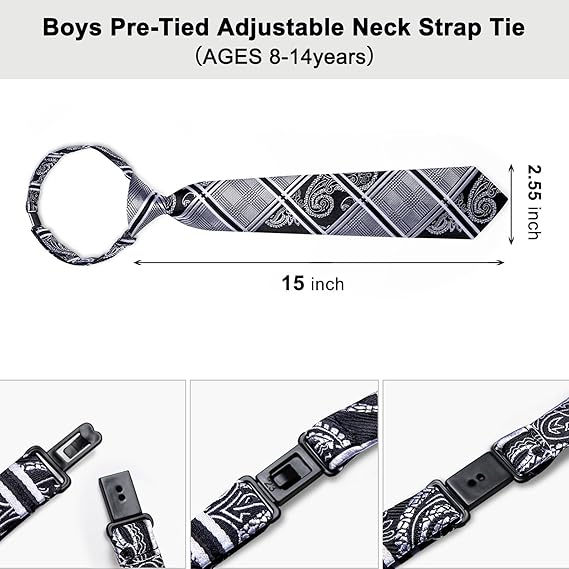 2PCS Set for Father and Son Tie Silk Mens and Boys Adjustable Necktie & Pocket Square Cufflinks Kids Pre-tied Necktie（Black and White）