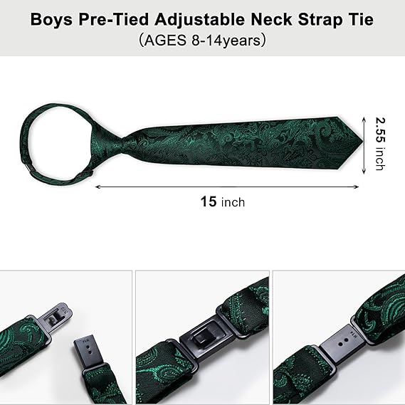2PCS Set for Father and Son Tie Silk Mens and Boys Adjustable Necktie & Pocket Square Cufflinks Kids Pre-tied Necktie（Emerald Green Paisley）