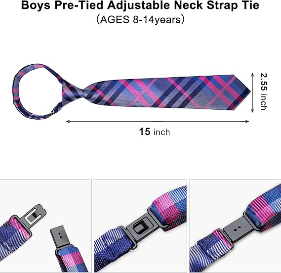 2PCS Set for Father and Son Tie Silk Mens and Boys Adjustable Necktie & Pocket Square Cufflinks Kids Pre-tied Necktie（Blue and Hot Pink）