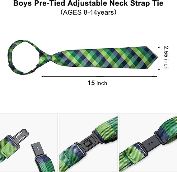 2PCS Set for Father and Son Tie Silk Mens and Boys Adjustable Necktie & Pocket Square Cufflinks Kids Pre-tied Necktie（Green and Blue Plaid）