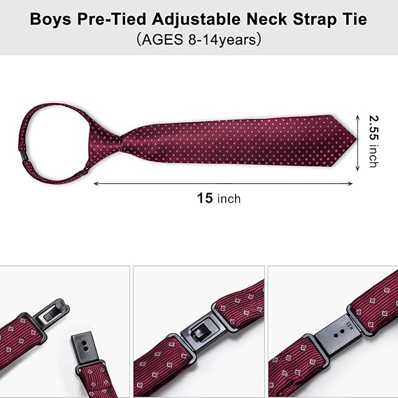 2PCS Set for Father and Son Tie Silk Mens and Boys Adjustable Necktie & Pocket Square Cufflinks Kids Pre-tied Necktie（Burgundy Dots）