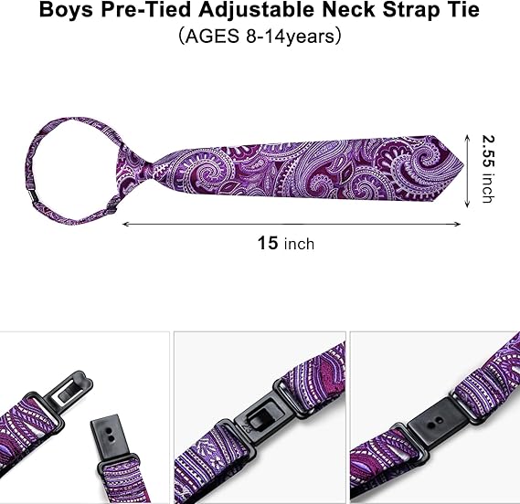 2PCS Set for Father and Son Tie Silk Mens and Boys Adjustable Necktie & Pocket Square Cufflinks Kids Pre-tied Necktie（Dark Purple Paisley）