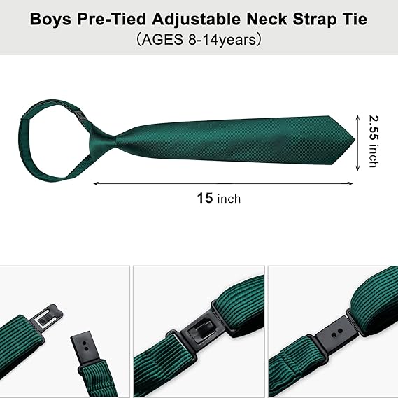 2PCS Set for Father and Son Tie Silk Mens and Boys Adjustable Necktie & Pocket Square Cufflinks Kids Pre-tied Necktie（Emerald Green）