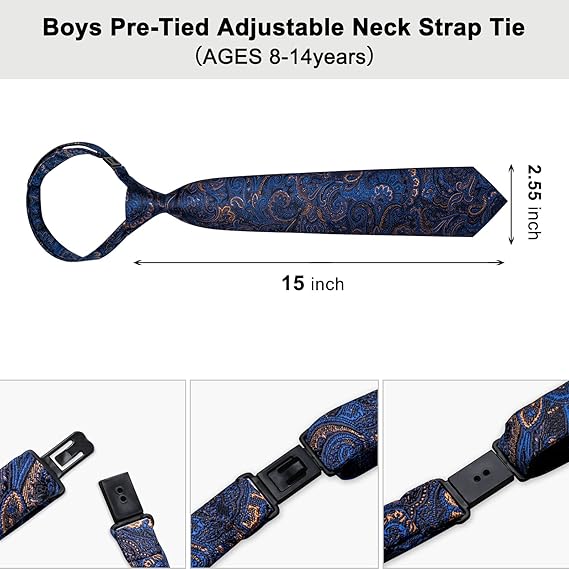 2PCS Set for Father and Son Tie Silk Mens and Boys Adjustable Necktie & Pocket Square Cufflinks Kids Pre-tied Necktie（Blue Paisley）